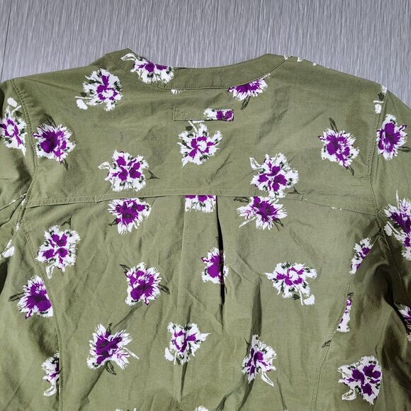 Duluth Trading Co Womens Button Up Tunic Top Green Floral Nylon Blouse Vented XS - Picture 9 of 11